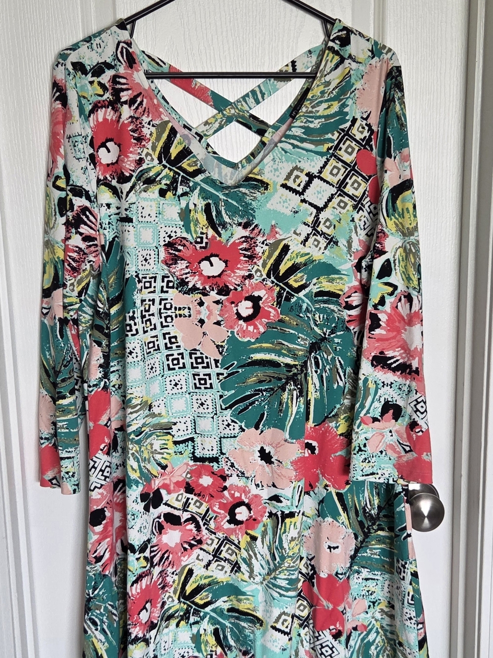 New Directions Teal, Aqua & Coral Abstract Print Dress